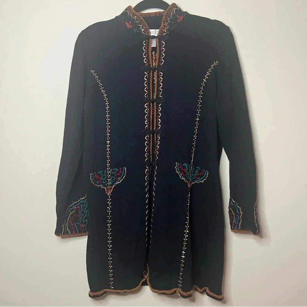 VTG COLDWATER CREEK Colorful Boho 90s Beaded Embroidered Longlined Fall Cardigan